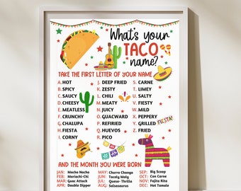 What's Your Taco Name, Cinco De Mayo Activity, Mexican Birthday Party, Fiesta Party Kids Games, Cinco De Mayo Classroom Activity for Kids