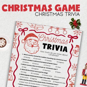 May include: A Christmas trivia game with a red and white design. The game features a Santa Claus illustration and Christmas-themed decorations. The text on the game includes the title "Christmas Trivia" and trivia questions about Christmas.