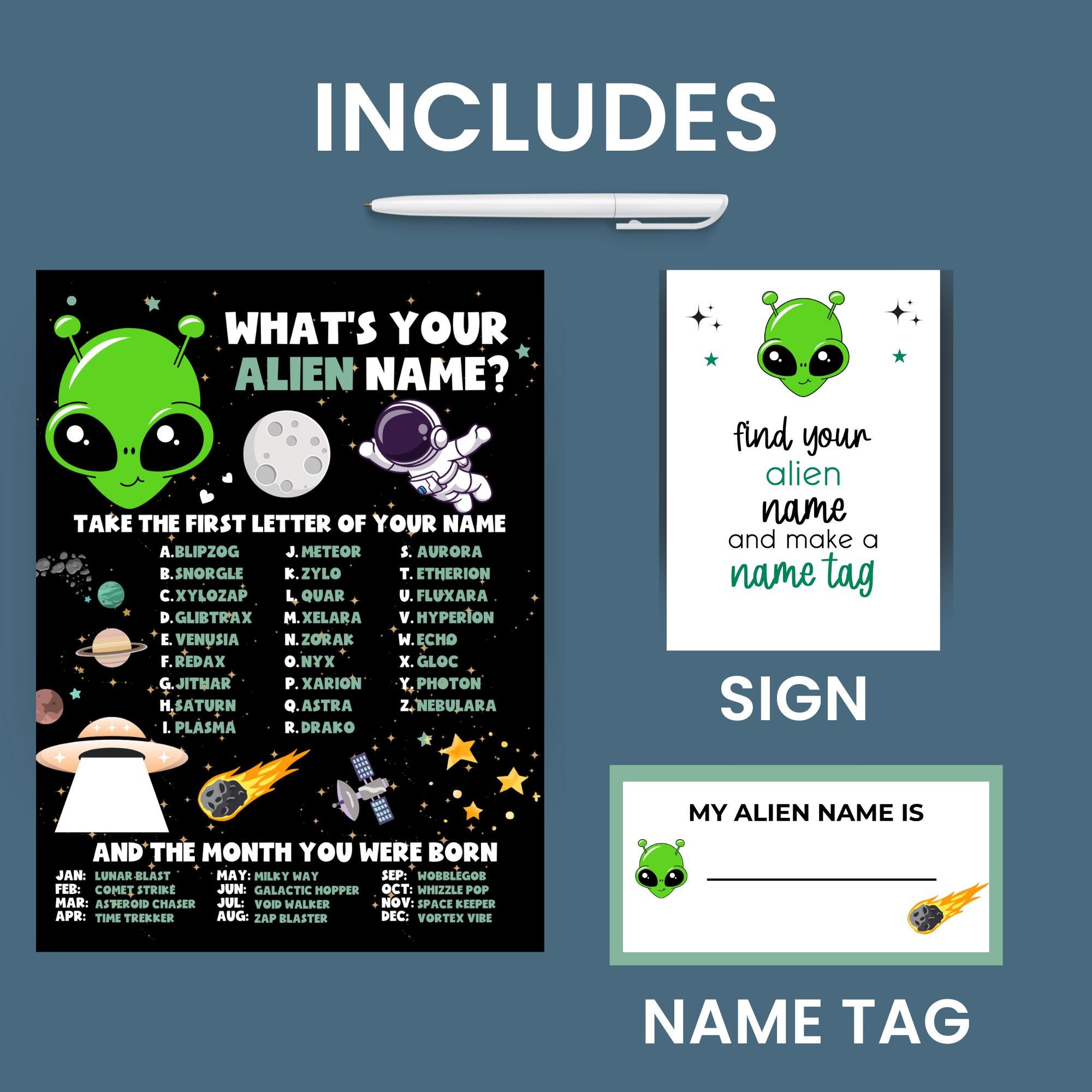 Whats Your Alien Name Party Game, Outer Space Rocket Ship, Blast off ...