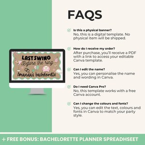 May include: A computer monitor shows a digital bachelorette party template with the text "LAST SWING Before the ring Amanda's bachelorette" and decorative elements. The image also includes a section with FAQs about the template.