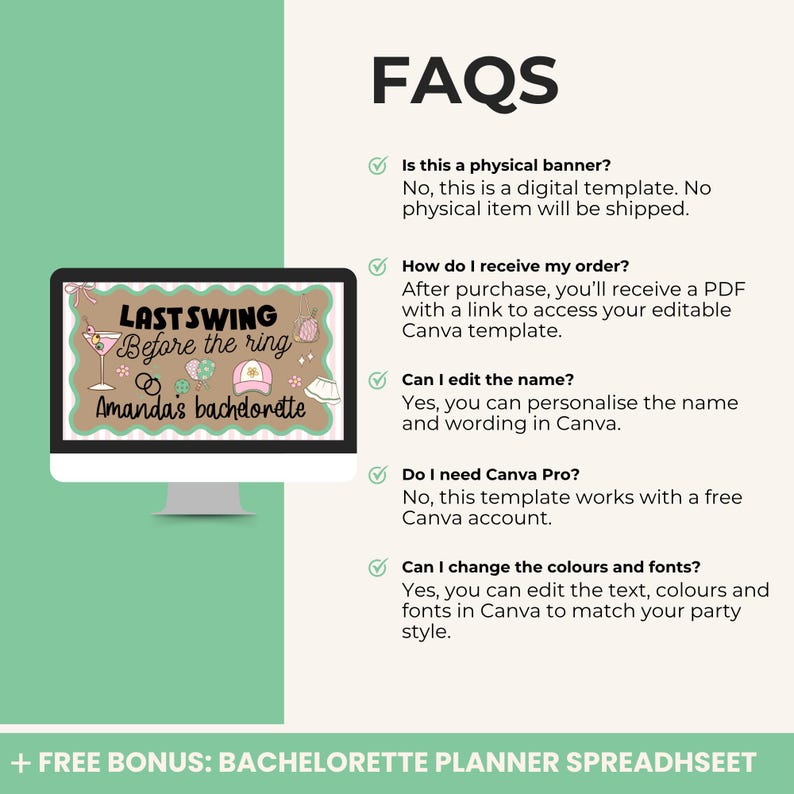 May include: A computer monitor shows a digital bachelorette party template with the text "LAST SWING Before the ring Amanda's bachelorette" and decorative elements. The image also includes a section with FAQs about the template.