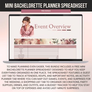 K&ouml;nnte beinhalten: Ein Laptop-Bildschirm zeigt eine Mini-Junggesellinnenabschied-Planungs-Tabelle. Der Bildschirm zeigt eine Veranstaltungs&uuml;bersicht mit einer Aquarellillustration einer Frau. Der Text "Mini Bachelorette Planner Spreadsheet" und "Free Bonus" stehen oben.