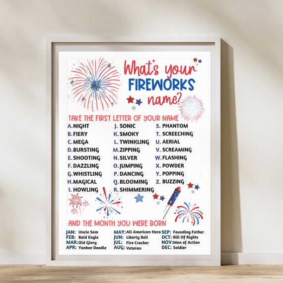 4th July Activity, Independence Day Kids Games, Kids Birthday Sign, What's Your Fireworks Name, 4th July Game Kids, 4th July Party
