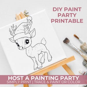 Christmas Reindeer Coloring Page, Printable Canvas Template For Sip And Paint Party, DIY Paint Party At Home, Christmas Day Activity