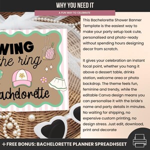 May include: A bachelorette party banner template with the text "WING the ring bachelorette". The design includes illustrations of a purse, a baseball cap, a flower, and a skirt. The banner is designed to be personalised and photo-ready.
