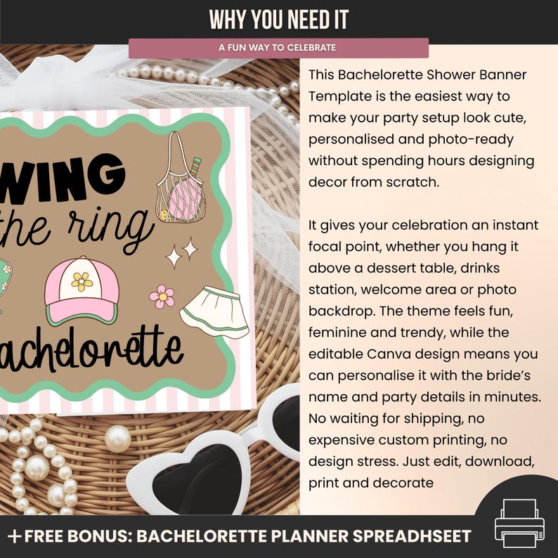 May include: A bachelorette party banner template with the text "WING the ring bachelorette". The design includes illustrations of a purse, a baseball cap, a flower, and a skirt. The banner is designed to be personalised and photo-ready.