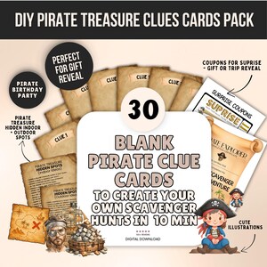 Blank Pirate Treasure Hunt Clues, Scavenger Hunt Cards for Kids, Pirate Party Game, Riddles For Kids, Treasure Map, Surprise Reveal