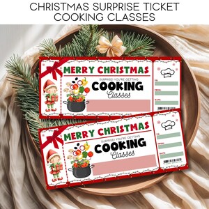 May include: Two Christmas-themed tickets for cooking classes. Each ticket has a red border, the text "MERRY CHRISTMAS," and an illustration of a chef's hat. The tickets feature an elf holding a gift and a pot of vegetables.