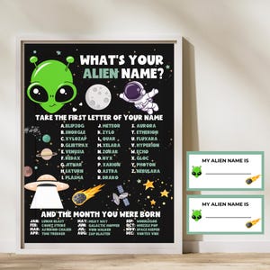 Puede incluir: Un póster imprimible negro y verde con un extraterrestre verde y un astronauta. El póster dice "¿Cuál es tu nombre extraterrestre?" y tiene una lista de nombres extraterrestres basados en la primera letra de tu nombre y el mes en que naciste.