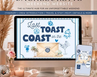 Bachelorette Website Template, Last Toast On The Coast, Canva Hen Party Weekend Itinerary, RSVP Travel Details, Bride Weekend Planner