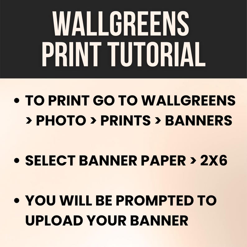 K&ouml;nnte beinhalten: Eine Grafik mit dem Titel "WALLGREENS PRINT TUTORIAL" mit wei&szlig;em Text auf schwarzem Hintergrund. Anweisungen umfassen den Gang zu Walgreens, die Auswahl von Fotodrucken und Bannern, dann die Auswahl von 2x6 Bannerpapier und das Hochladen Ihres Banners.