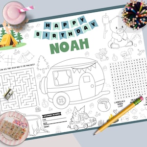 Personalised Kids Birthday Placemat, Camping Party, Campfire Birthday, Woodland Party Decor, Kids Camping Trip Activity, Smores Kids Party