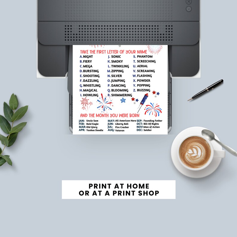 May include: A printable chart with red, white, and blue fireworks. The chart lists letters of the alphabet and months of the year. The text reads "Take the first letter of your name" and "And the month you were born".  The chart also includes a list of words associated with each letter and month.  The text at the bottom reads "Print at home or at a print shop".