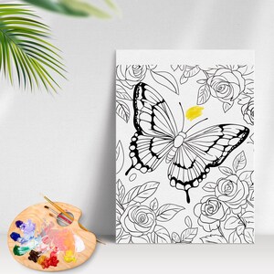 May include: A black and white line drawing of a butterfly with its wings spread wide. The butterfly is surrounded by roses, also drawn in black and white. The background is white.