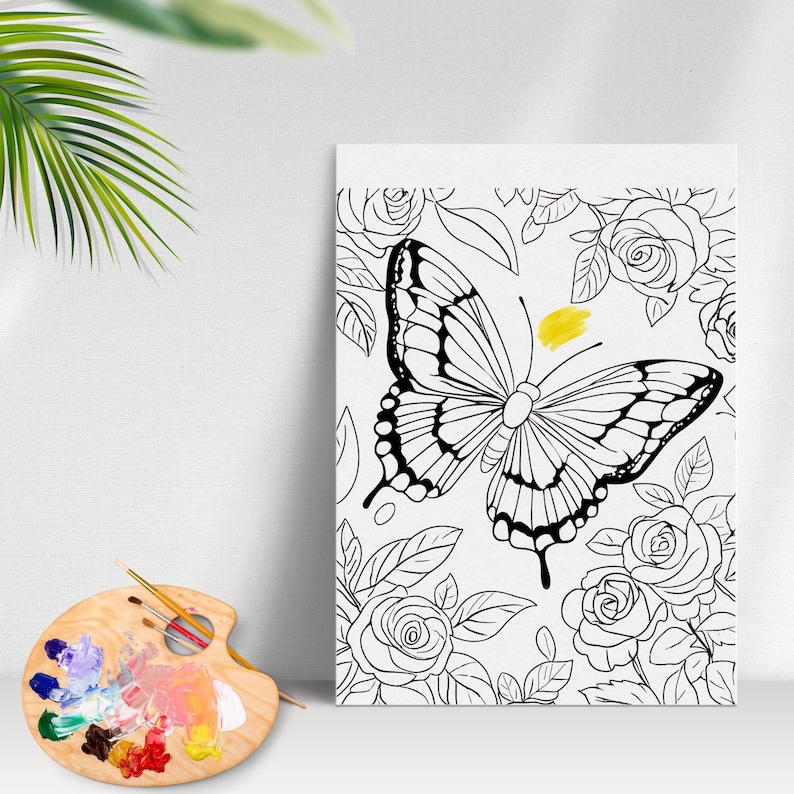 May include: A black and white line drawing of a butterfly with its wings spread wide. The butterfly is surrounded by roses, also drawn in black and white. The background is white.