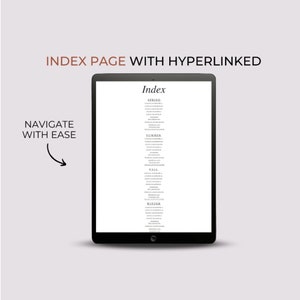 May include: A digital tablet displaying an index page with hyperlinked text. The text is organized by season: Spring, Summer, Fall, and Winter. The text reads "Index" at the top of the page.
