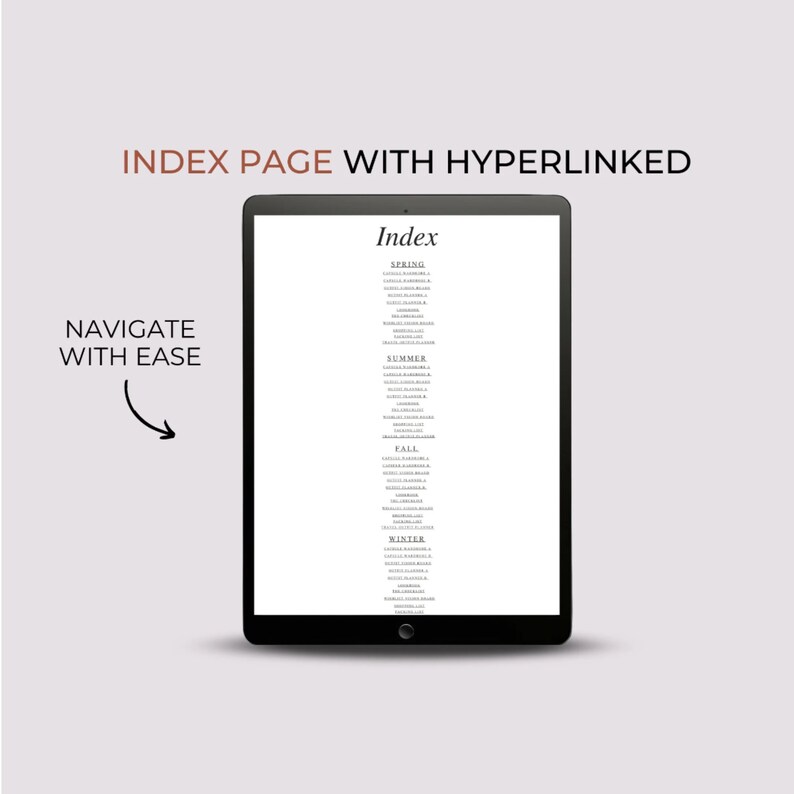May include: A digital tablet displaying an index page with hyperlinked text. The text is organized by season: Spring, Summer, Fall, and Winter. The text reads "Index" at the top of the page.