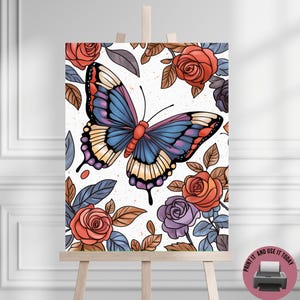May include: A colorful butterfly with blue, purple, and yellow wings is surrounded by red, orange, and purple flowers. The background is white with a subtle speckled pattern.