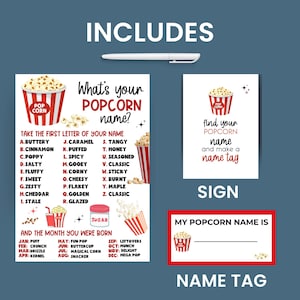 What's Your Popcorn Name Game, Popcorn Bar Sign, Movie Night Quiz ...