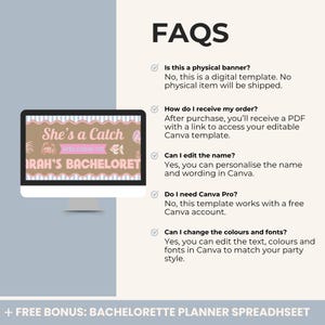 K&ouml;nnte beinhalten: Ein Computermonitor zeigt eine digitale Vorlage f&uuml;r einen Junggesellinnenabschied. Die Vorlage lautet "She's a Catch" und "IRAH'S BACHELORET". Das Bild enth&auml;lt auch FAQs zur digitalen Vorlage.