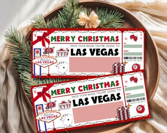 May include: Two red and white Christmas-themed Las Vegas surprise tickets. The tickets read "Merry Christmas, Pack Your Bags! You're Going to Las Vegas." Each ticket features casino-related graphics and the text "Welcome to Fabulous Las Vegas, Nevada."