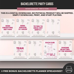May include: A collection of printable bachelorette party cards with various game prompts, including "Bride Forgetting Her Vows" and "Someone Objecting at the Wedding." The cards feature a pink and white striped background with decorative illustrations.