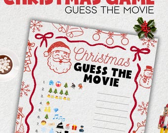 Peut inclure: Une feuille de jeu sur le thème de Noël avec le texte "CHRISTMAS GAME GUESS THE MOVIE" en rouge et noir. La feuille présente une illustration du Père Noël, des bordures décoratives et des lignes numérotées pour les réponses. Une tasse de chocolat chaud avec des guimauves est visible.