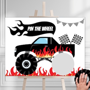 Fijar la rueda en el camión monstruo, fiesta de cumpleaños del coche de carreras, juego de fiesta para niños, cartel de cumpleaños imprimible, juego de fiesta de cumpleaños