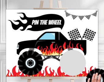 Pin the Wheel On The Monster Truck, Race Car Birthday Party, Boys Kids Party Game, Printable Birthday Poster, Birthday Party Game