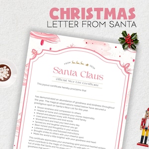 Puede incluir: Una carta navideña de Papá Noel, con un diseño rosa y blanco. El texto dice "Carta de Navidad de Papá Noel" e incluye un "Certificado de la Lista de Buenos" con una lista de buenas acciones.