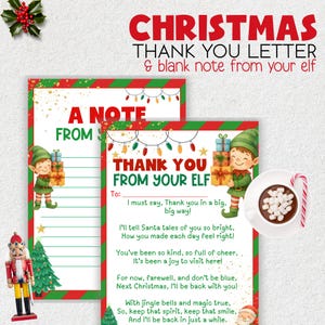 Könnte beinhalten: Weihnachtliches Schreibwarenset mit einem "Danke"-Brief von einem Elf und einer leeren Notiz. Das Design umfasst rote und grüne Ränder, Elf-Illustrationen und den Text "Christmas Thank You Letter". Eine Tasse heiße Schokolade ist ebenfalls abgebildet.