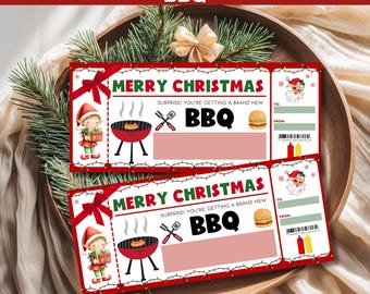 May include: Two Christmas-themed BBQ surprise tickets. Each ticket has a red border with the text "MERRY CHRISTMAS" and "BBQ". The tickets feature a cartoon elf, a grill, a burger, and space to write "TO" and "FROM".
