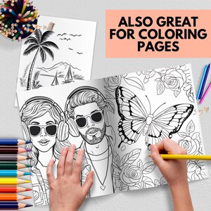 May include: An open coloring book with black and white illustrations of a couple wearing headphones, a butterfly, and floral designs. The text "ALSO GREAT FOR COLORING PAGES" is printed on a pink rectangle at the top of the image.