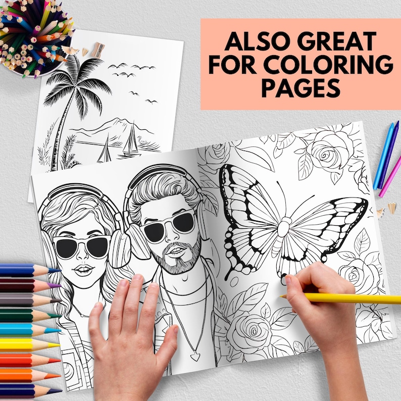May include: An open coloring book with black and white illustrations of a couple wearing headphones, a butterfly, and floral designs. The text "ALSO GREAT FOR COLORING PAGES" is printed on a pink rectangle at the top of the image.