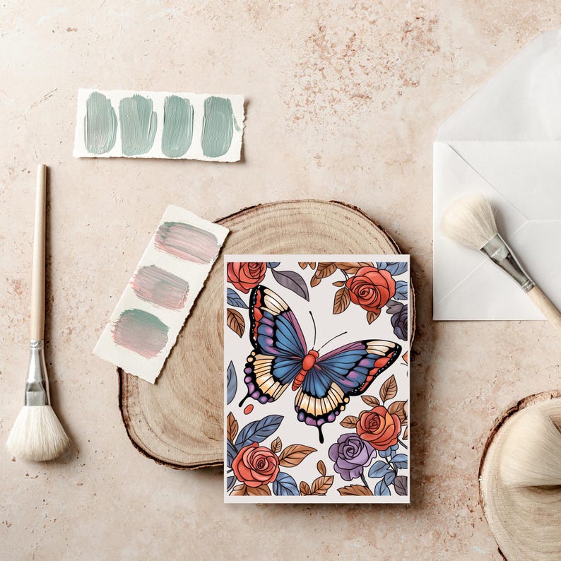 May include: A greeting card with a colorful butterfly illustration surrounded by red and purple roses and green leaves.