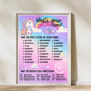 Was ist Ihr Einhornname, Einhorn-Geburtstags-Partyspiel, Einhorn-Party-Dekor, Einhorn-Partyschild, Einhorn-Namensschild, Namensgenerator-Spiel