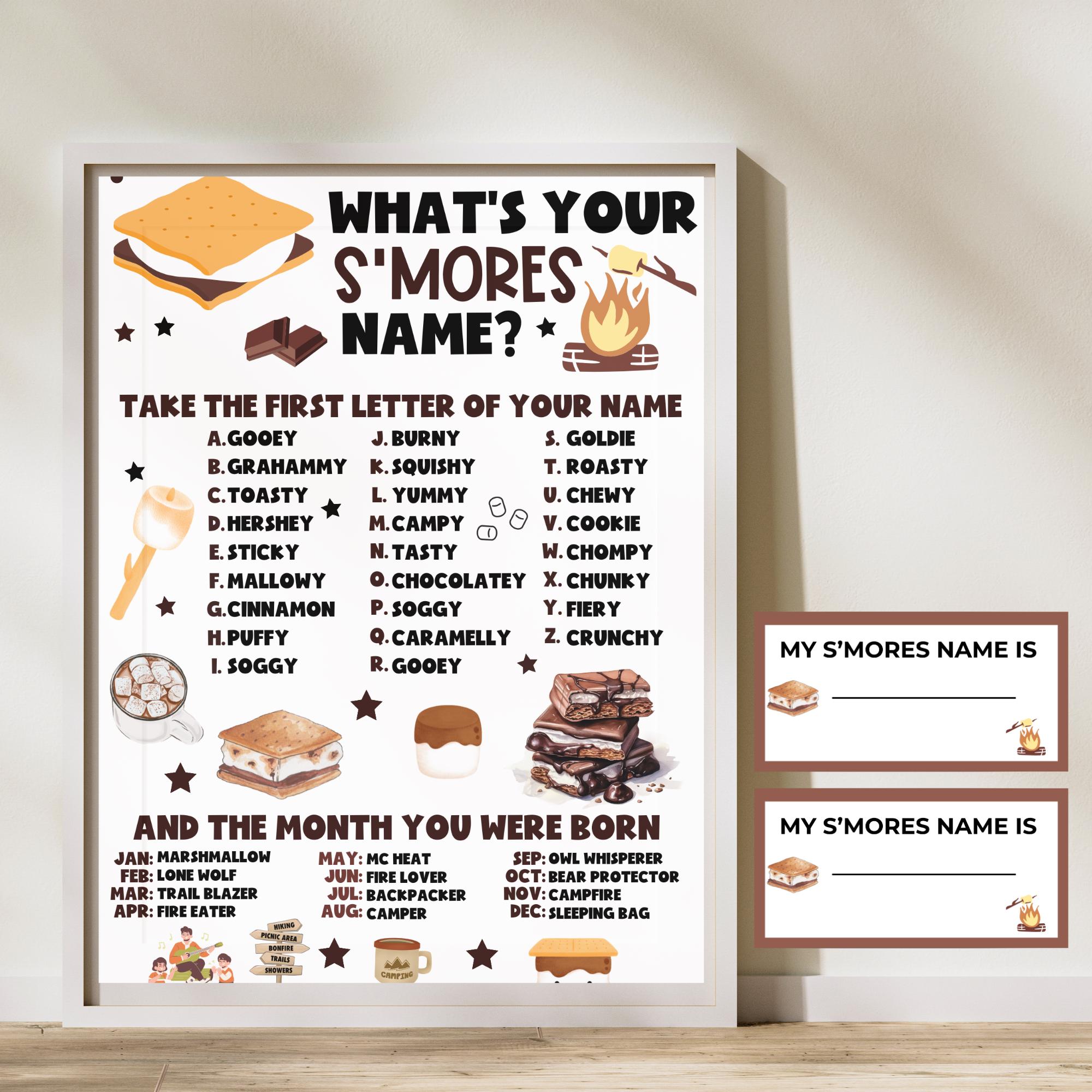 S'mores Bar Menu Sign, S'mores Station, What's Your S'mores Name Game, Camping Birthday Party Decor, National S'mores Day