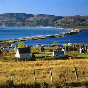Village of Barachois ans lagoon in the fall, Gaspe Coast.