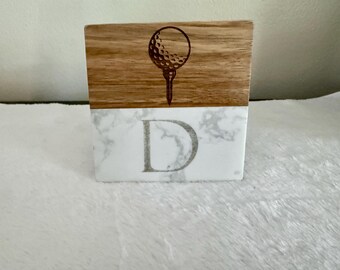 Personalized Golf Coaster Set with Marble Holder – Set of 4 | 4x4” Half Wood, Half Marble Design