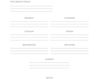 Könnte beinhalten: Ein weißer Wochenplaner mit schwarzem Text. Oben auf dem Planer steht "WEEKLY PLANNER". Er enthält Abschnitte für die Woche, Ziele und tägliche Einträge von Montag bis Sonntag sowie einen Notizenbereich.