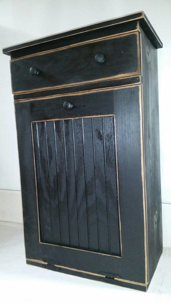 Primitive Farmhouse Wood Country Shabby Rustic Drop Front Trash Bin Can w/Drawer