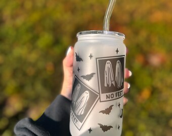 No Feet Ghost Frosted Glass Can Cup – 16oz with Lid & Straw