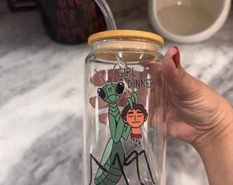 Girl Dinner Glass Cup | Funny Praying Mantis | Iced Coffee Cup| Trending
