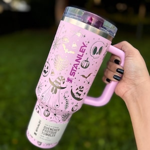 Engraved Halloween Stanley Tumbler: Pink 40oz Witch Hat, Skull, Pumpkin, Customizable