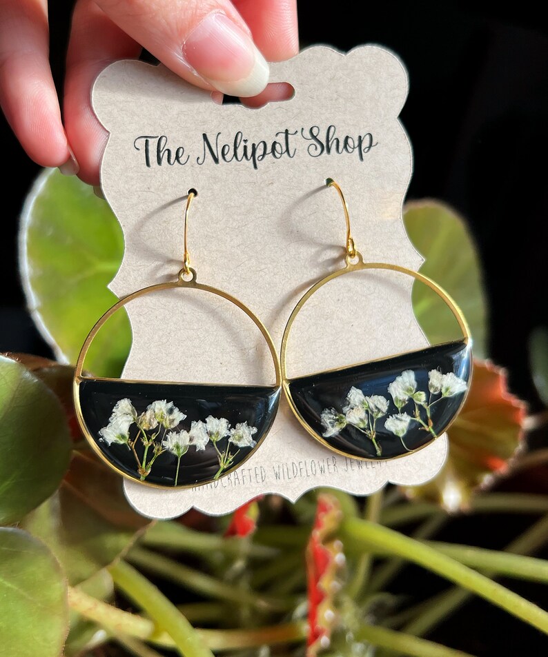 Real Babys Breath Flower Earrings, Half Circle Earrings, Real Flower