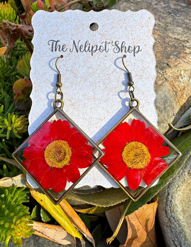 Bronze Real Red Daisy Earrings, Red Daisies, Resin Jewelry, Billy ...