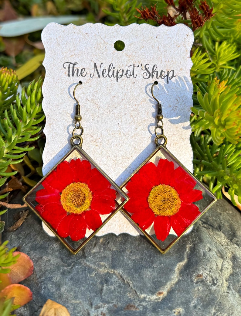 Bronze Real Red Daisy Earrings, Red Daisies, Resin Jewelry, Billy ...