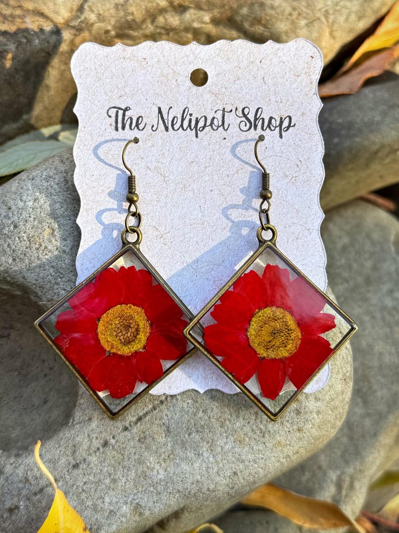 Bronze Real Red Daisy Earrings, Red Daisies, Resin Jewelry, Billy ...