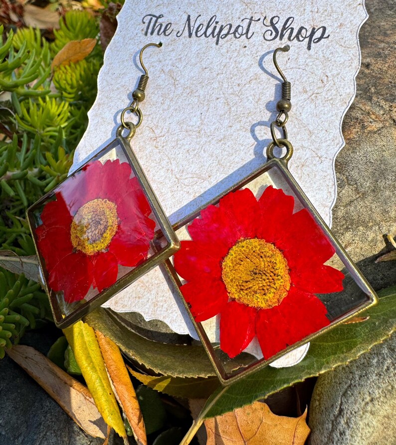 Bronze Real Red Daisy Earrings, Red Daisies, Resin Jewelry, Billy ...