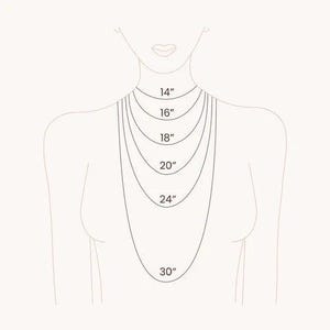 Puede incluir: Ilustraci&oacute;n del torso y cuello de una mujer con varios collares de diferentes longitudes. Los collares est&aacute;n etiquetados con sus longitudes: 35,5 cm, 40,6 cm, 45,7 cm, 50,8 cm, 61 cm y 76,2 cm. La imagen es en blanco y negro.